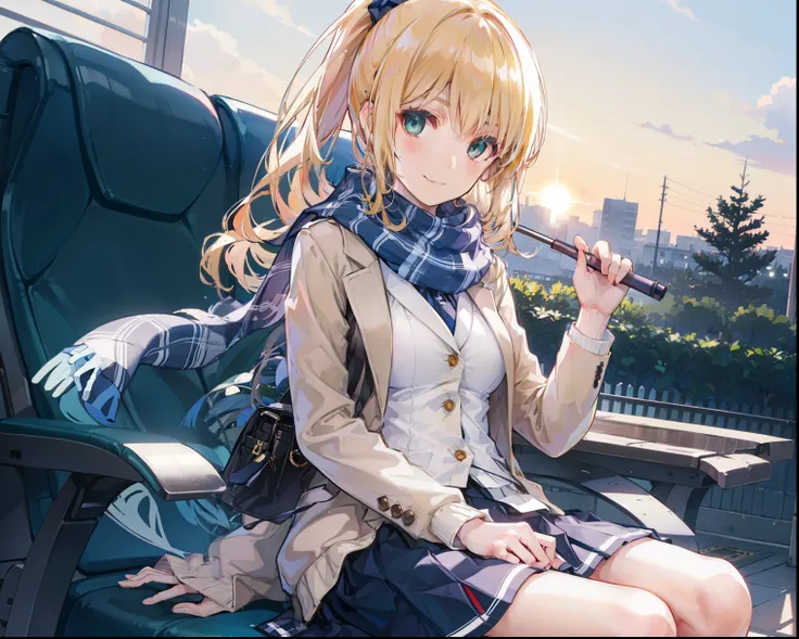   blond　  long hair　  Green Eyes　  ponytail　 cute girl　  in the seat　smile　 high school girl　 check skirt、 beige cardigan　 navy blue blazer　Big scarf　 high resolution,    accurate,   TOP QUALITY,  anatomically accurate, alone　garden　A sunny　The difference ...