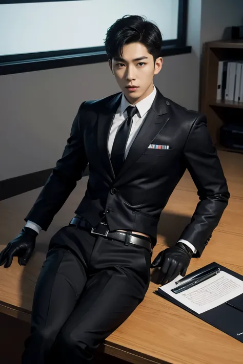 full body shot,A slim muscular, Handsome Korean boy idol is wearing a police uniform with a tie and black leather gloves. lay down Showing abs,  in office desk. sexy.try to rape.realistic high quality


