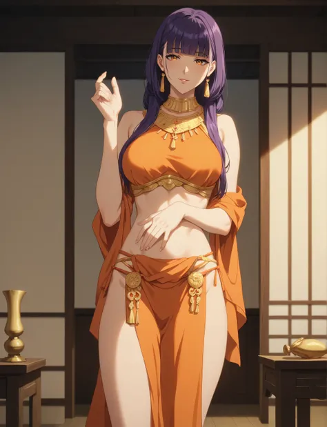 masterpiece, best quality, anime screenscap, long bob hair, purple hair, blunt bangs, orange eyes, ((mature female, sexy body, medium breasts)), indian clothes, orange cloth, saree, shawl, hip curtain, natural shading, lighting, perfect fingers, perfect bo...