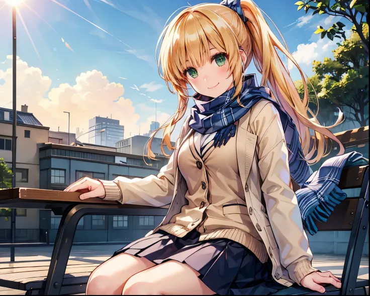   blond　  long hair　  Green Eyes　  ponytail　 cute girl　  in the seat　smile　 high school girl　 check skirt、 beige cardigan　 navy blue blazer　Big scarf　 high resolution,    accurate,   TOP QUALITY,  anatomically accurate, alone　garden　A sunny　The difference ...