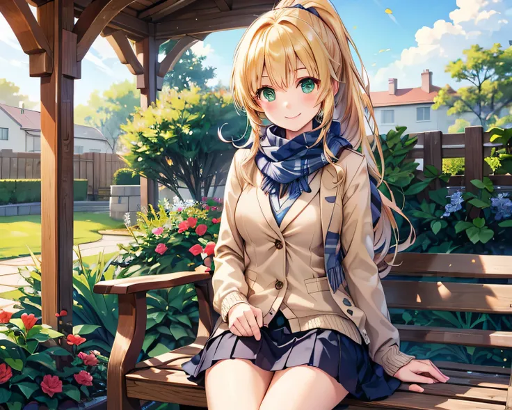   blond　  long hair　  Green Eyes　  ponytail　 cute girl　  in the seat　smile　 high school girl　 check skirt、 beige cardigan　 navy blue blazer　Big scarf　 high resolution,    accurate,   TOP QUALITY,  anatomically accurate, alone　garden　A sunny　The difference ...