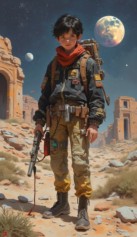 Full body of a s -boy with the free and restless spirit of someone who has never known limits. His messy black hair is partially covered by a worn red scarf, and his clothes combine reinforced dark jackets with pieces of space suits collected during his e...