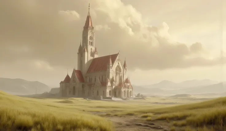 A beautiful cream-colored church with red tiles on the roof. the wild steppe. pale green grass. beige sky with brown clouds.