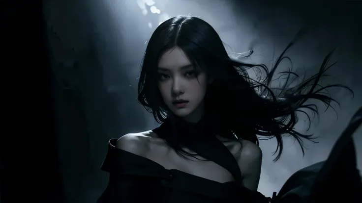 (best quality, highres:1.2), realistic, black dress, black hair, dark theme, black background, dark ninja, intense gaze, elegant posture, flowing dress, detailed facial features, long eyelashes, contrast, fine details, dramatic atmosphere, gothic style, in...