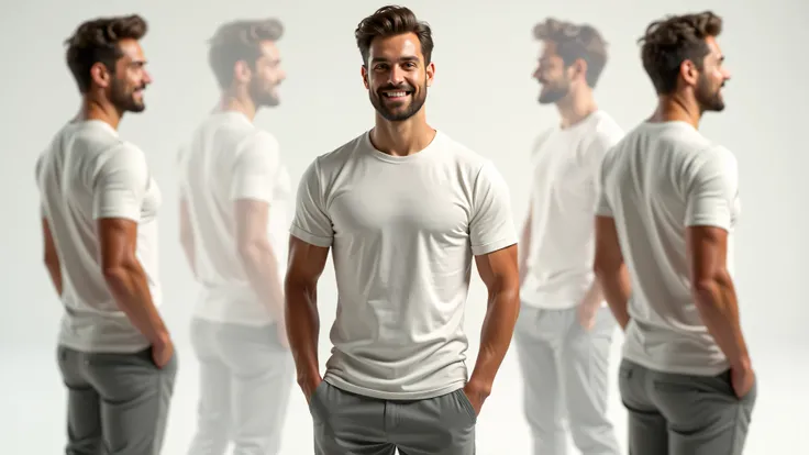 Picture of a european man standing with 3 front facing positions, side and back wearing a plain t-shirt and trousers while smiling

Från sida. Multiple view. Close up. Motion blur. 8K octane. Masterpiece. Best quality. Super detailed. HD. 4K resolution. na...