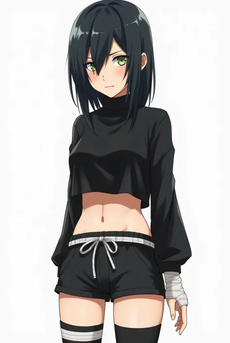 Create a two-dimensional character with traits identical to the characters from the anime Naruto,  she has medium hair with black threads ,  angelic face but with striking features , green eyes almost brown ,  wears a black cropped with long sleeves tied t...