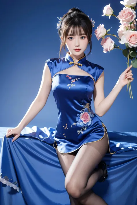 Cheongsam, 1 girl, blue bow, blue eyes, blue flowers, blue ribbon, blue rose, chest, Chinese clothing, Chinese clothing, dress, flower, gradient, gradient background, embroidered ball flower, looking at the audience, small chest, pantyhose, rose, single, t...