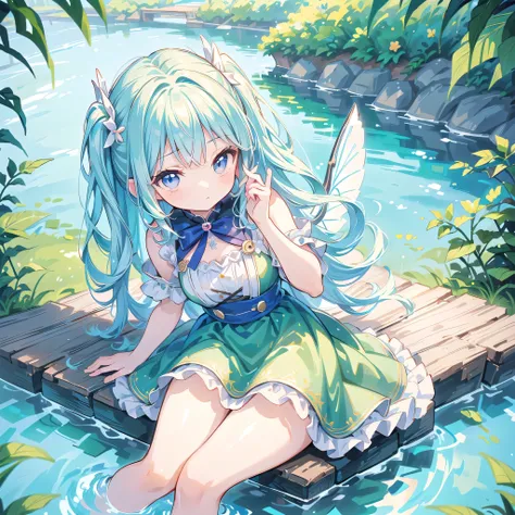  1 girl,  pretty face、baby face、(((  dynamic best composition  、  very detailed、  top quality、   Greatest Masterpiece 、  high image quality、  perfect anatomy )))、 sitting by the river and playing with fairies、 chibi、 cute、