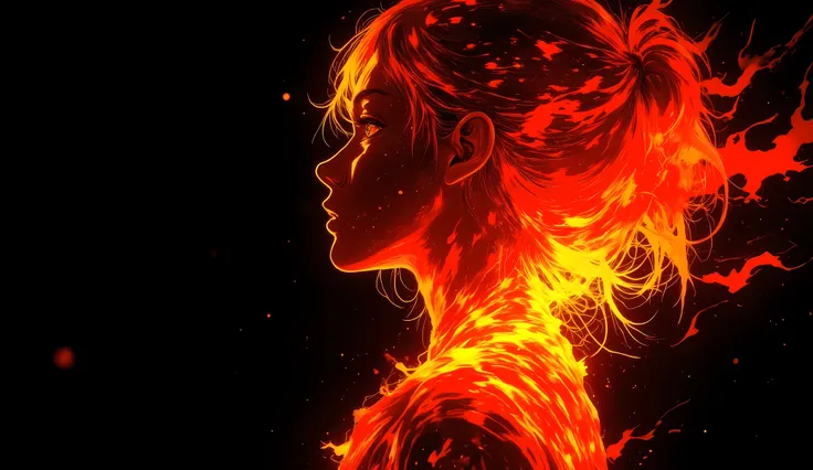 high quality, 8K ultra HD, Una hermosa double exposure que combina una silueta de mujer con un fuego rojo  enorme que le quema el pelo, el fuego rojo should serve as a backdrop,  with its details incorporated into the woman , sharp lines, The background is...