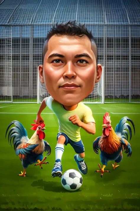 a cartoon of a man kicking a soccer ball with chickens around him, inspired by Arnold Bronckhorst, the chicken man, caricature illustration, portrait of Indonesian, caricature style, game illustration, game art, the king of rooster, cartoon digital paintin...