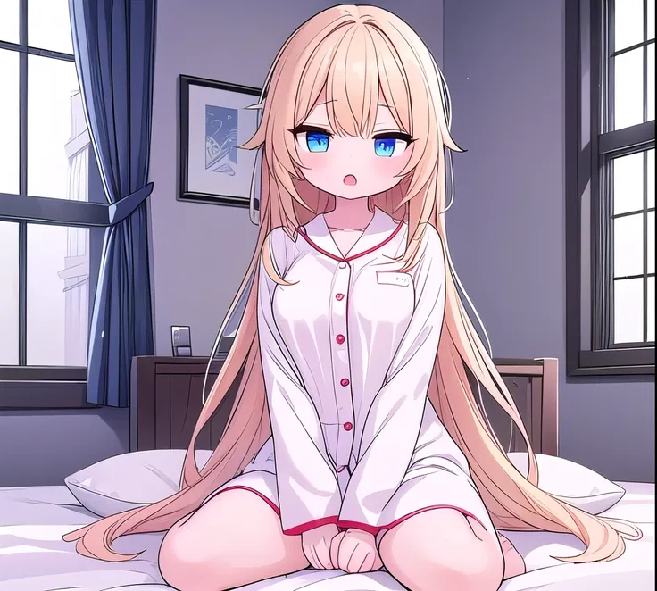 (( Highly detailed , masterpiece,  best quality, 8k)),  rest ,  1 girl,  alone, (Breasts that stick out a little:1.4), (Chibi:0.6), clean skinned female:1.2, ,( clean skin:1.8),  blond hair,  long hair, Bang hair,  wavy hair,  blue eyes, 하품을 하며 Wake up ,  ...