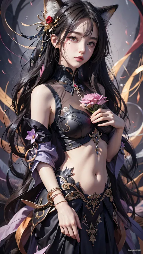 one girl, alone, Official Art, Unity 8k Wallpaper, very detailed, beautiful and aesthetic , Masterpiece, top quality, by Nomi, ( abstract background:1.5) (zIntertwined, Mandala, [ "Intertwined, Intertwined:0.7) Fox Witch, Fox Mask , Haori, Fo...