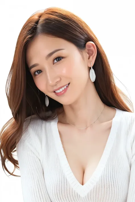 ( top quality、 table top、8k、 best image quality、 Award-winning work )、One mature beauty、  straight medium hair 、( alone:1.15)、(White fitted V-neck long sleeve knit:1.2)、(Perfect V-neck long sleeve knit:1.1)、( simple pure white background:1.4)、(Perfectly fi...