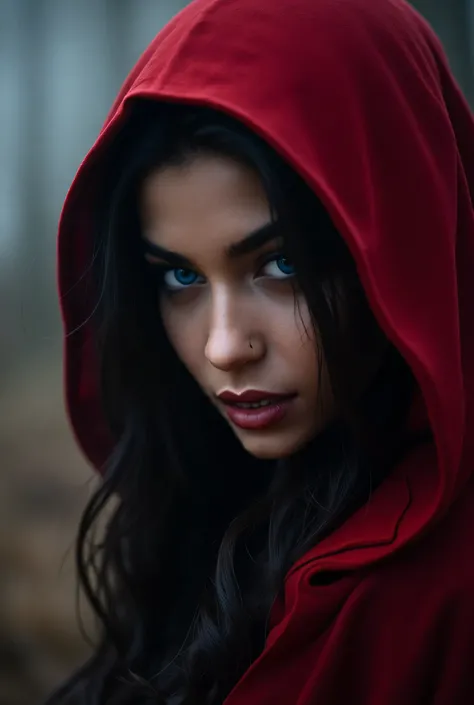 cinematic film still of  Little Red Riding Hood a woman in a red hoodie, long hair, looking at viewer, blue eyes, black hair, teeth, hood, blurry, fangs, sharp teeth, glowing eyes, hood up, red hood, closeup,  shallow depth of field, vignette, highly detai...