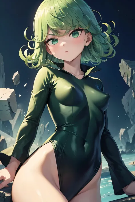 (8k, raw photo, masterpiece, extremely detailed, best quality, professional lighting, high res), BREAK beautiful and adorable girl, tatsumaki, green hair, green eyes, black tight suit, short height, small breast, psychic