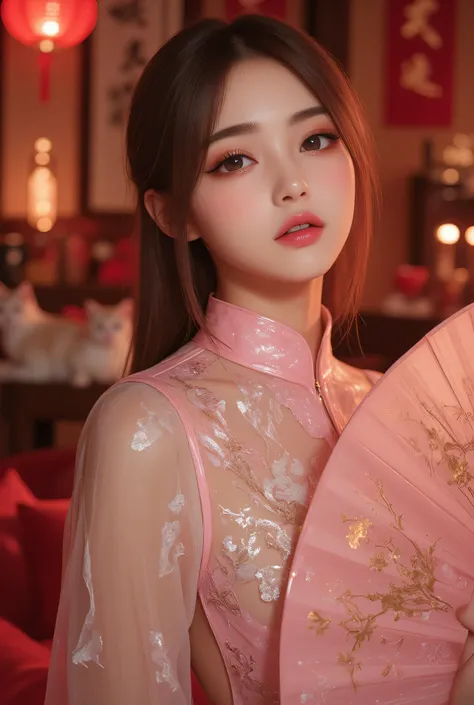Cat ears、 face up, attractive, pretty girl, ponytail、 (( fine facial features , eroticism)), dramatic lighting , realistic , 8k, Dramatic Shadows , intricate and elaborate patterns , super detailed photo , chiaroscuro lighting , Pleasant colors , deep cont...