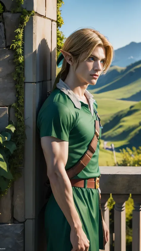 Full body photograph, very detailed, live Action, ultra-realistic digital portrait of Link from Twilight Princess, very detailed facial features, piercing blue eyes. His body type is masculine, with well-trained, slim muscles. Sharp jawline, disheveled gol...