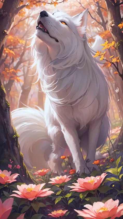  in high definition、Creature Photos, Beautiful white fox , Magic Fantasy Forest,  digital art ,  THE WORLD'S MOST WONDROUS ARTWORK, (( not human)), Flower field in the forest  ,  soft and well-balanced orange color, Forest Scenery,  vines,  ultra high reso...