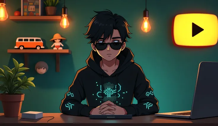 Create an image of a young male anime hacker character sitting at a modern desk, wearing a black hoodie with glowing circuit patterns. The character has black hair and is wearing dark sunglasses. The background is a dark green wall with floating wooden she...