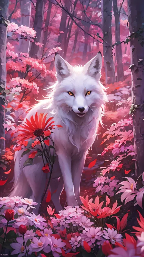  in high definition、Creature Photos, Beautiful white fox ,  magic fantasy forest ,  digital art ,  THE WORLD'S MOST WONDROUS ARTWORK, (( not human)), Flower field in the forest  ,  soft and well-balanced colors of red, Forest Scenery,  vines,  ultra high r...