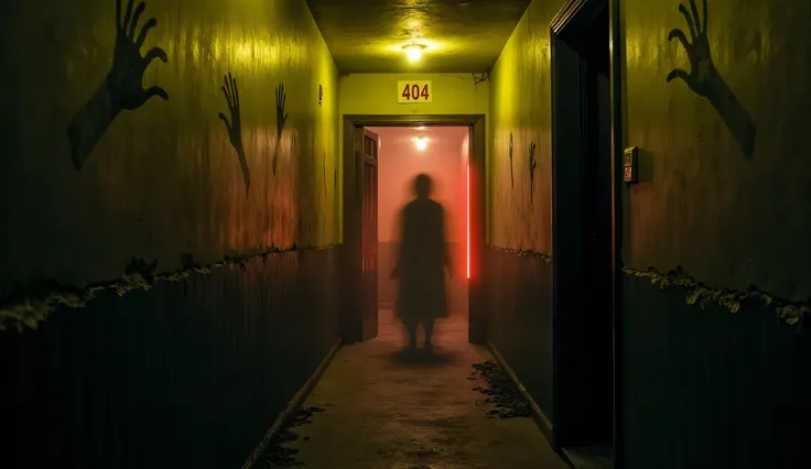 "A dark, abandoned hotel hallway stretches into the distance. The walls are cracked and peeling, with flickering yellow lights casting eerie shadows. At the end of the hall, a single room door labeled ‘404’ stands slightly ajar, with an ominous red glow se...