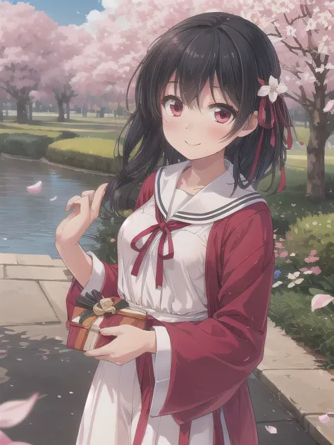 A stunningly beautiful 20-year-old woman stands in a lush green park full of cherry blossoms in full bloom under a clear blue sky. She is wearing a classic sailor uniform and holds a neatly wrapped gift box with a red ribbon in both hands in front of her c...