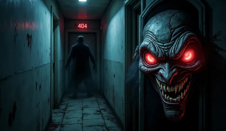 "A terrifying, haunted hotel thumbnail featuring a dimly lit hallway with a slightly open door labeled ‘404’ written in blood red. A shadowy figure stands behind the door, its glowing red eyes piercing through the darkness. The walls are scratched with dee...