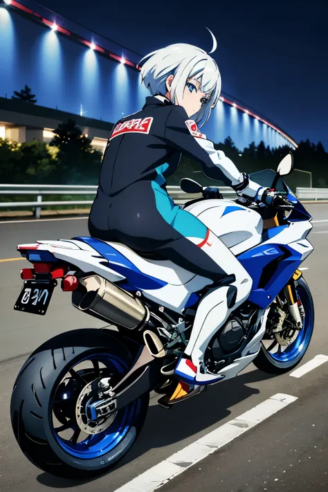 best quality, masterpiece, 1 girl, anime style,white hair, blue highlight hair,ride motorbike ,at night,at the highway,full body, side angle view, dynamic angle,motorbike suit ,back view camera