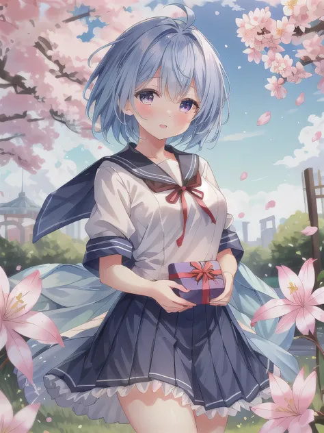 A stunningly beautiful 20-year-old woman stands in a lush green park full of cherry blossoms in full bloom under a clear blue sky. She is wearing a classic sailor uniform and holds a neatly wrapped gift box with a red ribbon in both hands in front of her c...