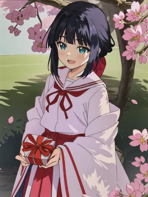 A stunningly beautiful 20-year-old woman stands in a lush green park full of cherry blossoms in full bloom under a clear blue sky. She is wearing a classic sailor uniform and holds a neatly wrapped gift box with a red ribbon in both hands in front of her c...