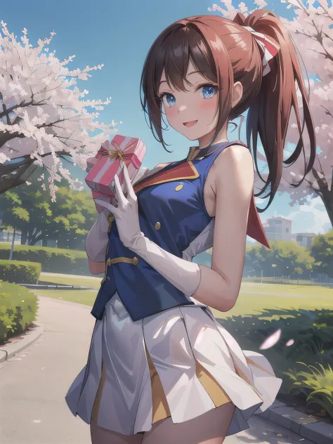A stunningly beautiful 20-year-old woman stands in a lush green park full of cherry blossoms in full bloom under a clear blue sky. She is wearing a classic sailor uniform and holds a neatly wrapped gift box with a red ribbon in both hands in front of her c...