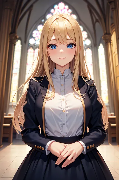  adult woman,  alone,  sexy, 8k resolution,(( top quality)),  ultra high resolution, (A gentle smile), ( blue eyes),  beautiful symmetrical face  , ( long golden hair ), church dress ,Sister&#39;s Uniform, LONG GLOVES,Face Veil, stockings, by Nomi:1.4,( Ma...