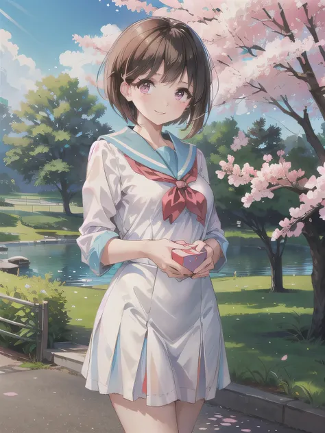 A stunningly beautiful 20-year-old woman stands in a lush green park full of cherry blossoms in full bloom under a clear blue sky. She is wearing a classic sailor uniform and holds a neatly wrapped gift box with a red ribbon in both hands in front of her c...