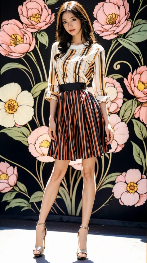 (( Masterpiece)),((( top quality))), thin thighs, long legs,whole body:1.5，( one girl:1.3),( black high heels：1.3),(Wear a floral striped mid-length flared skirt dress:1.2),  curly blond hair  :1.2、Model pose standing with legs apart:1.5， bright expression...