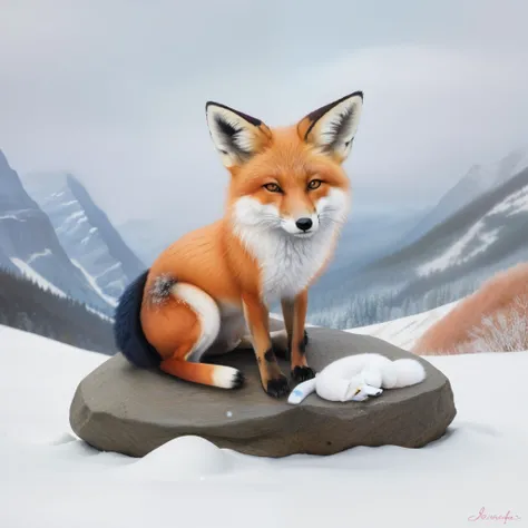 painting of a fox sitting on a rock in the snow, a detailed painting by Yang J, trending on reddit, furry art, detailed beautiful animals, ethereal fox, a beautiful fox lady, whimsical fox, fox animal, the lovely hairy fox, in the style bev dolittle, fanta...