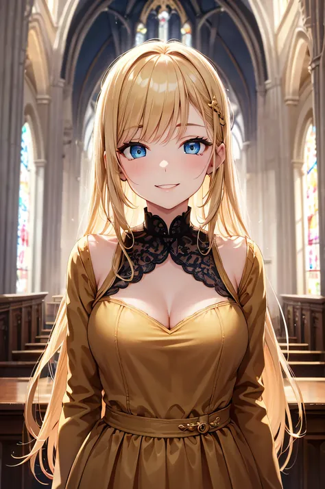  adult woman,  alone,  sexy, 8k resolution,(( top quality)),  ultra high resolution, (A gentle smile), ( blue eyes),  beautiful symmetrical face  , ( long golden hair ), church dress ,Sister&#39;s Uniform, LONG GLOVES,Face Veil, stockings, by Nomi:1.4,( Ma...