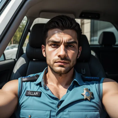 30 year old handsome, One Man,、 Ekin Mert Daymaz。 policeman's 、 Inside the car、 Face Up 　 Face Up 。Menacing look　front
