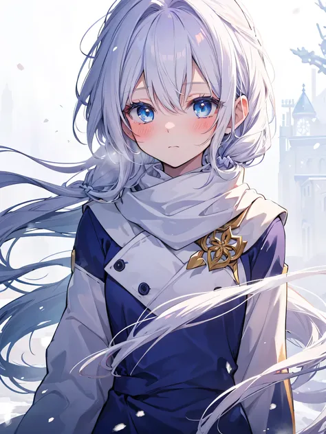 solo female, long flowing white hair, blue eyed tinged with a shade of lavender, golden ornaments, snowy background, blizzard, cool, mage, blue scarf, steaming breath, pacing through blizzard, hair flowing behind, blush, red ears