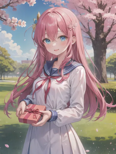 A stunningly beautiful 20-year-old woman stands in a lush green park full of cherry blossoms in full bloom under a clear blue sky. She is wearing a classic sailor uniform and holds a neatly wrapped gift box with a red ribbon in both hands in front of her c...