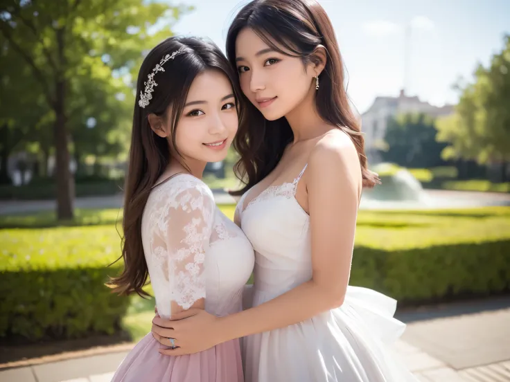 3 beautiful Japanese women, 20 years old, with large breasts, bright smiles, model figures, and long, light brown hair, wearing a transparent pink wedding dress, mini skirt with frills, holding a bouquet, standing together in a park, princess hug pose, che...