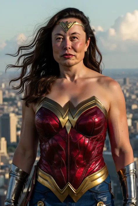 Photorealistic, Elon Musk as a beautiful Wonder Woman character,