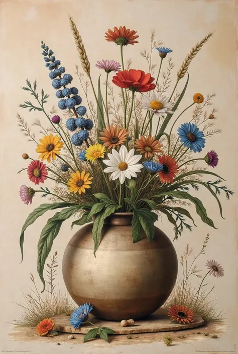 composition masterpiece in a large round Hinsky vase with an image standing widely spread wildflowers Cornflower cornflower with a clove of wheat on an old wide board on an embroidered outline what lies next stands a bouquet and one blavatek from a lodyga ...