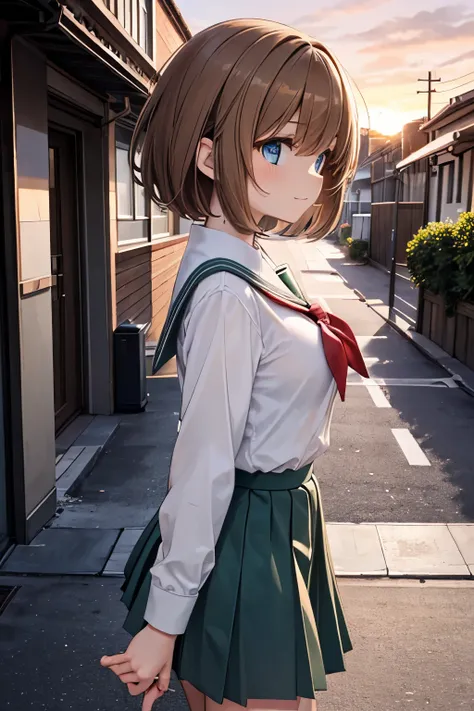 ((light chestnut brown hair)), (round hair), (very short hair), ((blue eyes)), excitement, closed mouth, medium breasts, green school uniform, walking, sidewalk, looking away, from side, sunset