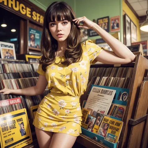 analog film photo solo, realistic, ((vintage photo)), ((woman)), (long, Choppy Bangs Hairstyle), ((yellow Floral Print miniskirt)), ((1960s record store)), ((dynamic pose)), ,high detailed, (cinematic shot:1.1), Human-Likeness, 8k, clear facial features, p...