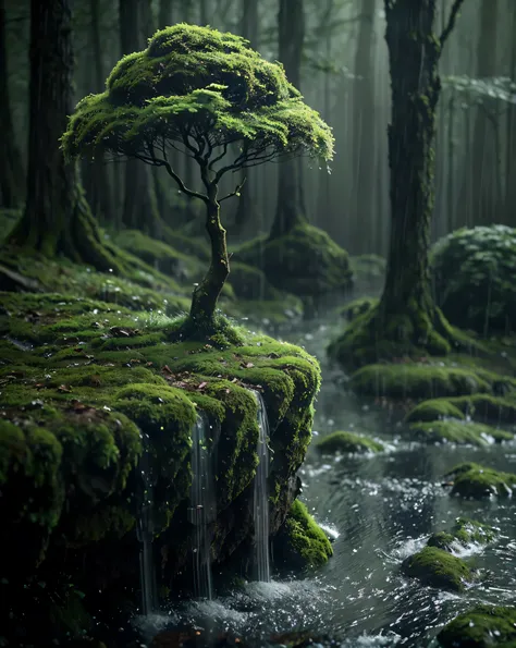 As if hidden from the outside world , This small forest pulsates in the gentle rhythm of nature . Raindrops falling from branches , form random patterns on wet ground . The mossy stones shine dimly in the soft light that pierces the le...