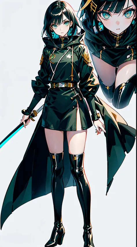 Anime girl, androgynous. Amber eyes, detailed eyes, long eyelashes, long black hair. Single fringe between her eyes, trailing to left side of face. Brown hood, brown military general uniform with green lining. Bare legs. Heeled ankle boots. Full body, hold...