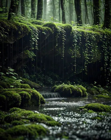 Secluded in the middle of the silence , This small forest is like a world apart . A gentle sprinkling of rain falls , creating a natural symphony above the leaves and moist soil . A faint light penetrates the cracks of the trees , highlighting the mos...
