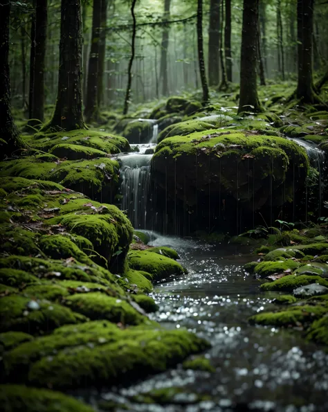 Secluded in the middle of the silence , This small forest is like a world apart . A gentle sprinkling of rain falls , creating a natural symphony above the leaves and moist soil . A faint light penetrates the cracks of the trees , highlighting the mos...