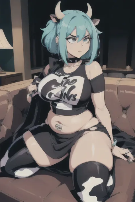 ((futuristic)), ((thick outline)), (high resolution), (detailed), curvy girl, ((round belly)), ((cowprint)), (cow)), ((futuristic), goth, aqua hair, cow ears, cow horns, goth outfit, dress, anime cow crop top, skirt, thigh highs, grey black eyes, black lip...