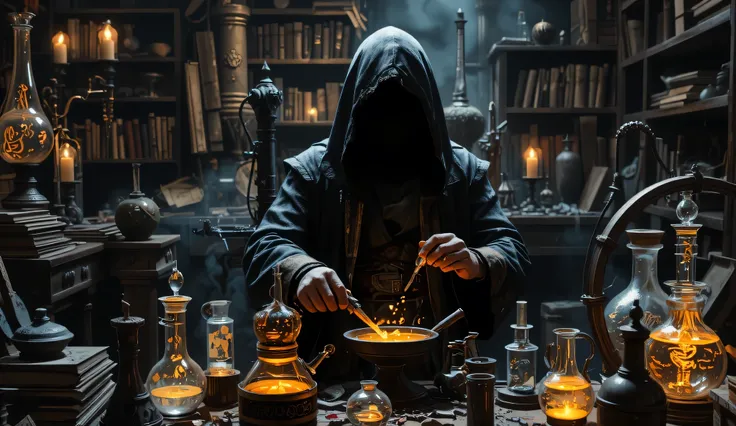 4. (Mysterious Alchemist in Shadows) "An ancient hooded alchemist sitting in a candle-lit study, surrounded by dusty grimoires and glowing alchemical tools, deep shadows, cinematic, --ar 16:9 --v 6"